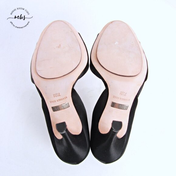 Badgley Mischka Satin Rosette Open Toe Stiletto Heels Black Women 7.5 - Picture 12 of 14